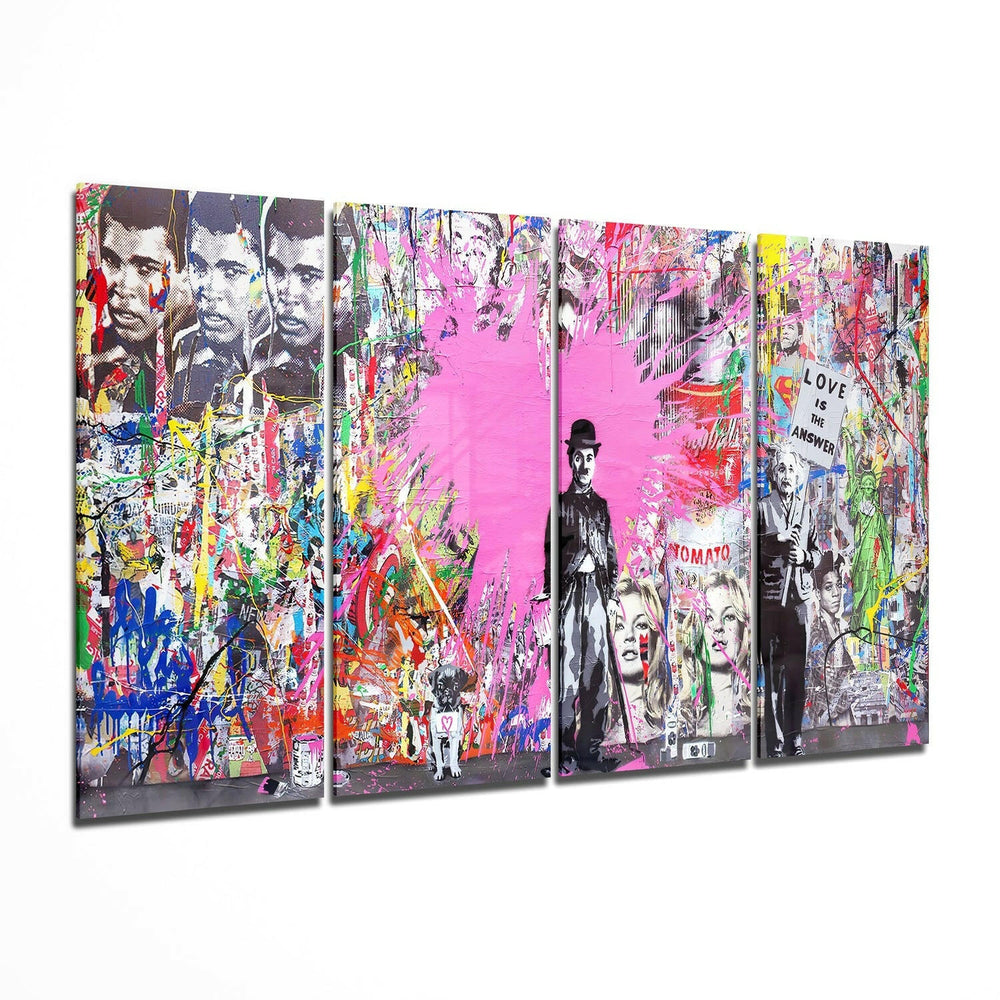 Charlie, Einstein and Banksy 4 Pieces Mega Glass Wall Art (59"x36") | Insigne Art Design.