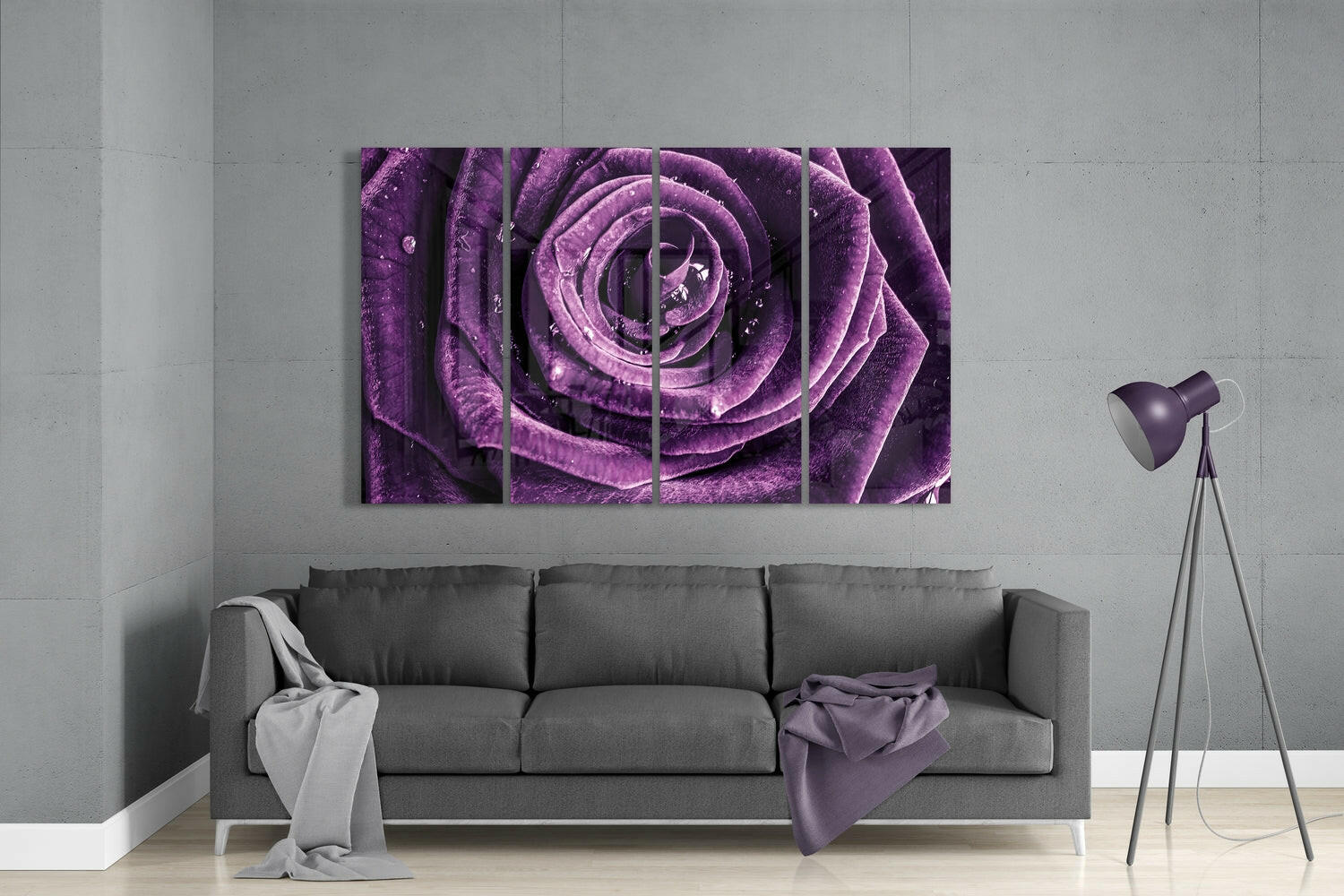 Purple Rose 4 Pieces Mega Glass Wall Art (59"x36") | Insigne Art Design.