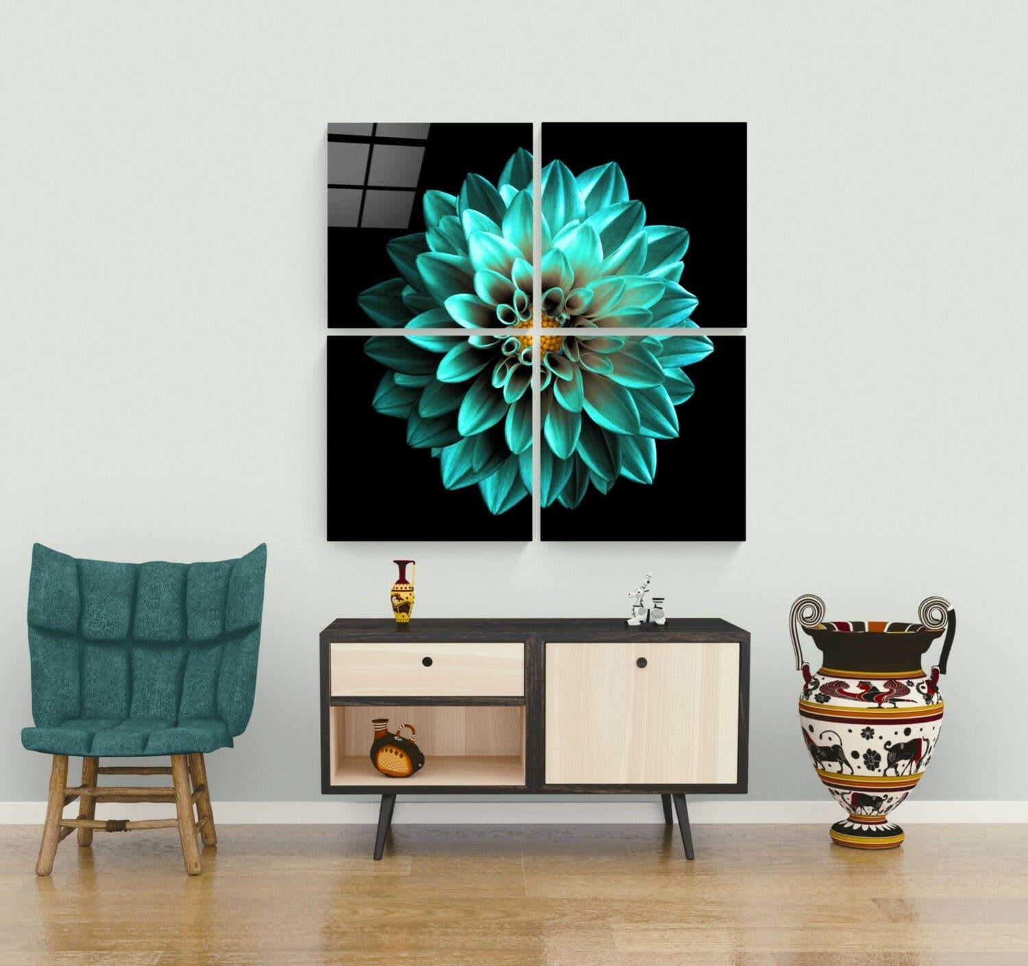 Green Chrysanthemum Quadro Glass Wall Art.