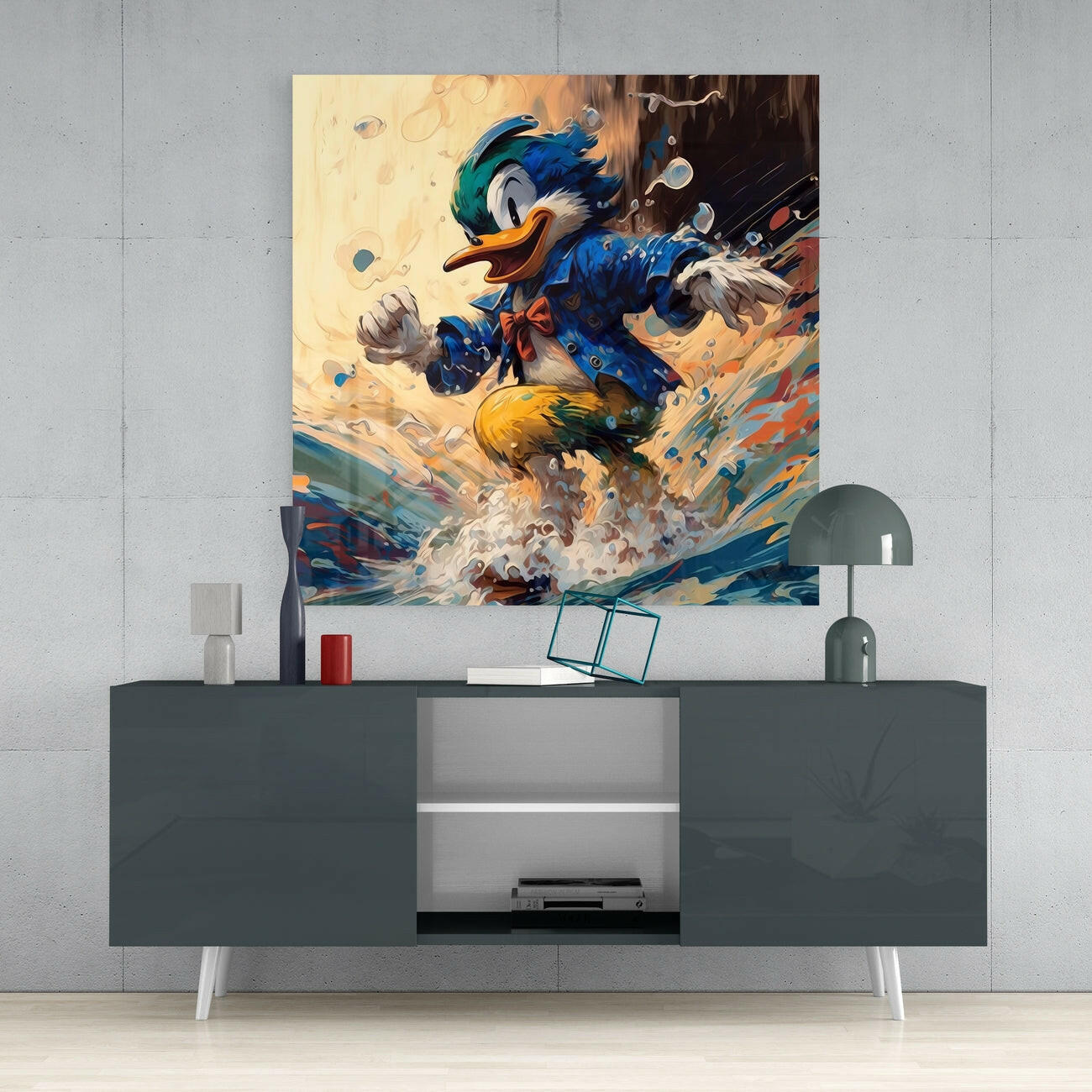 Surfing Duck Glass Wall Art  || Designer Collection | Insigne Art Design.