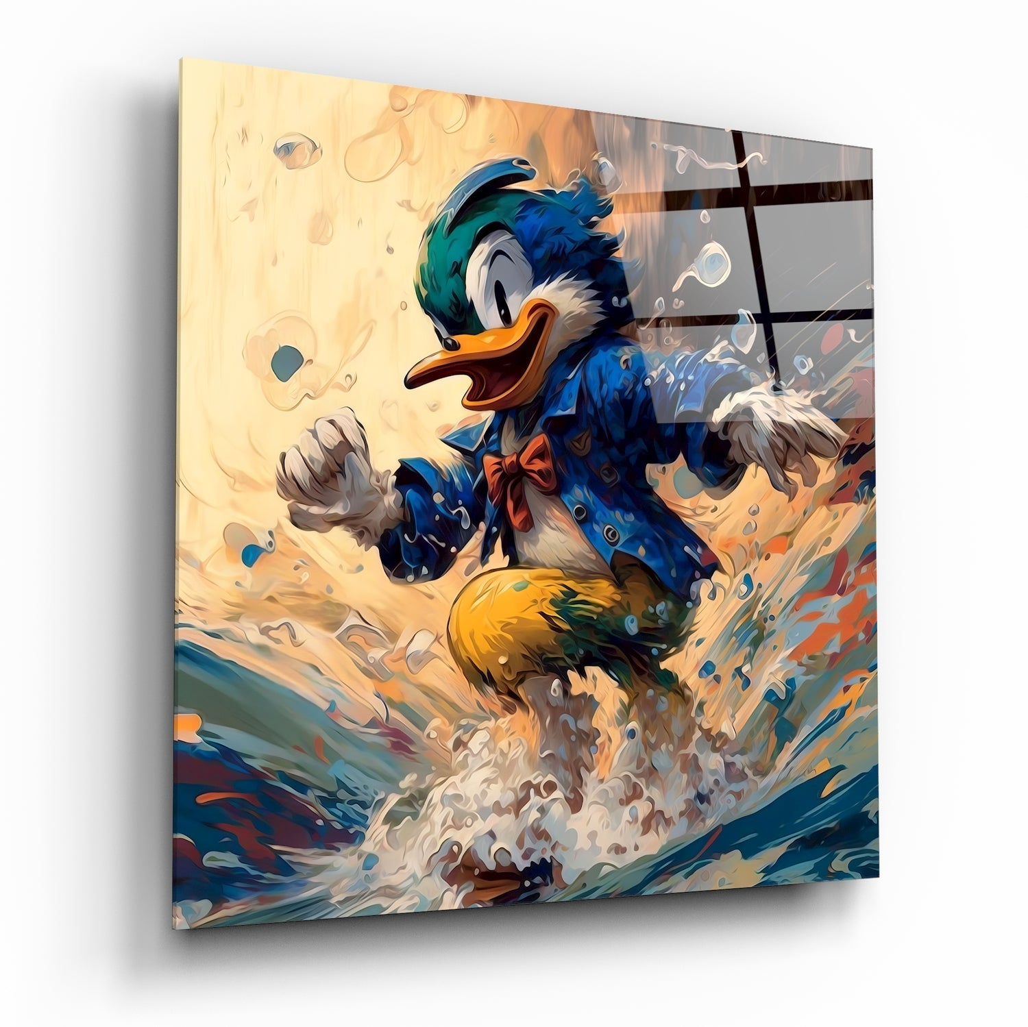 Surfing Duck Glass Wall Art  || Designer Collection - Insigne Art 