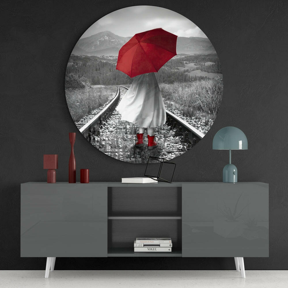 Girl with Red Umbrella Glass Wall Art.