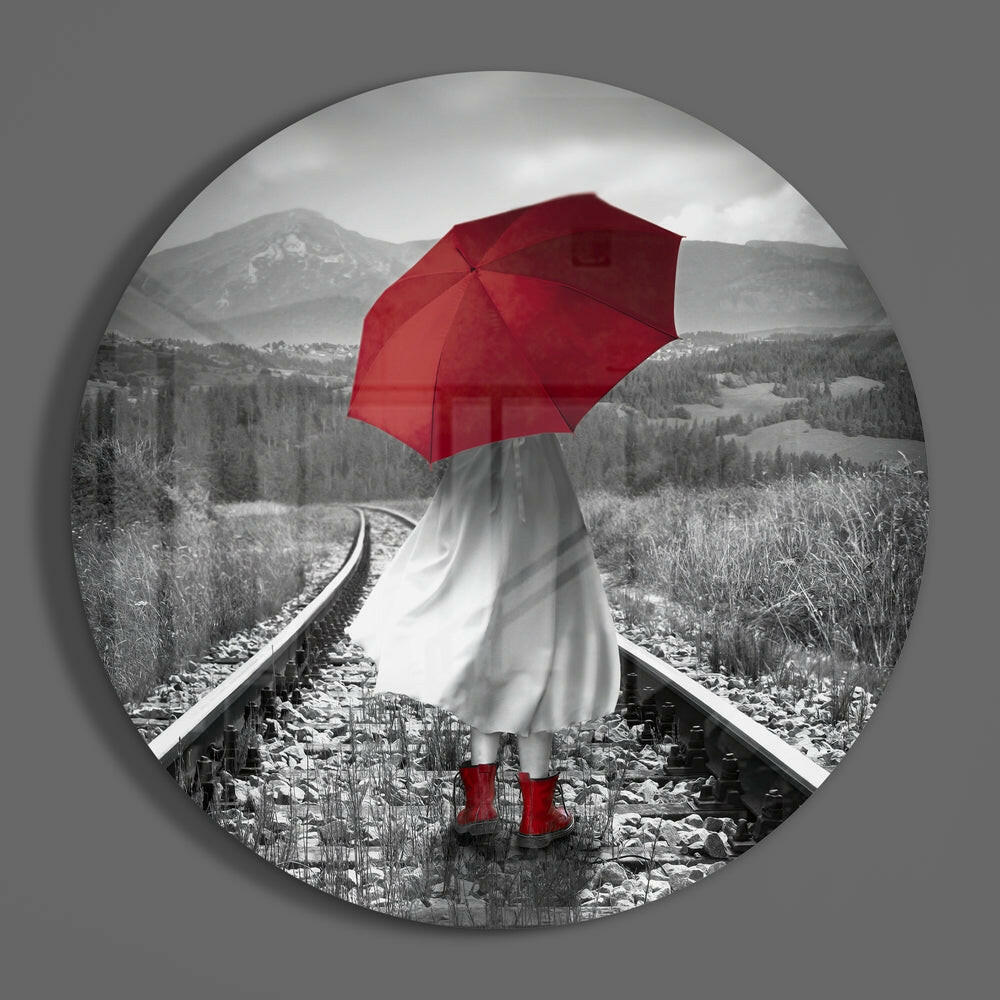 Girl with Red Umbrella Glass Wall Art.