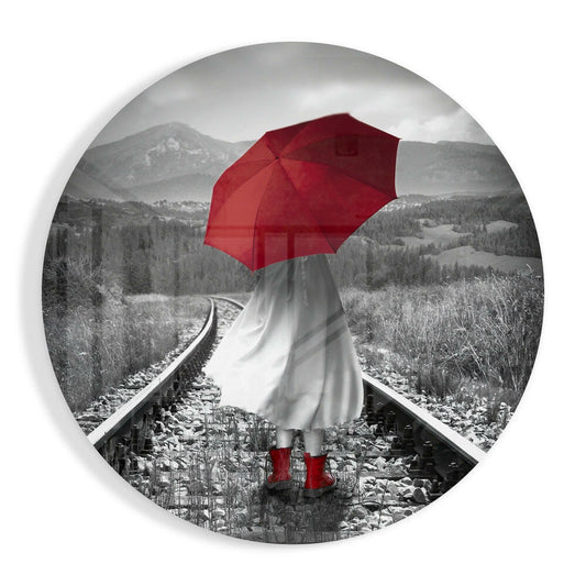Girl with Red Umbrella Glass Wall Art.