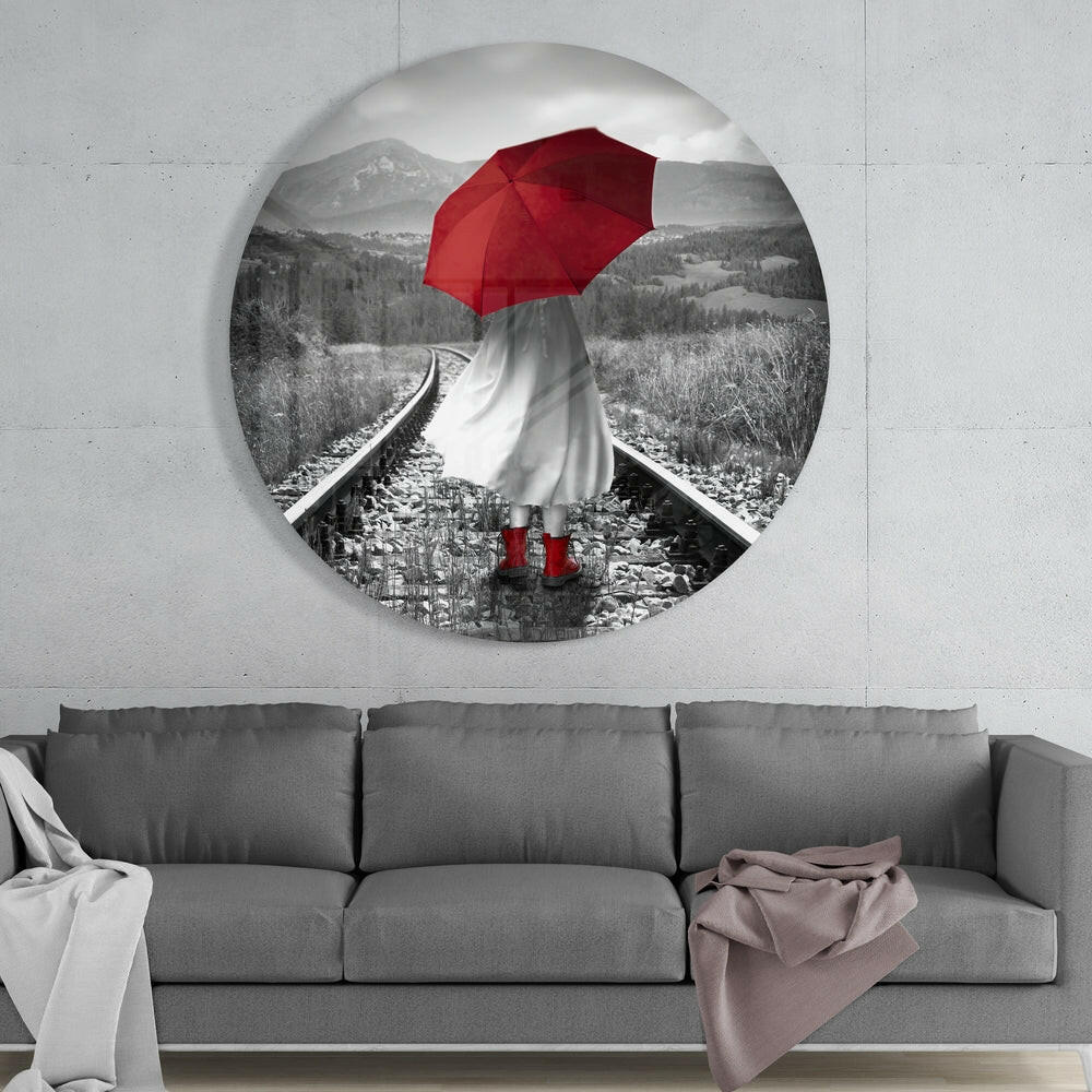 Girl with Red Umbrella Glass Wall Art.