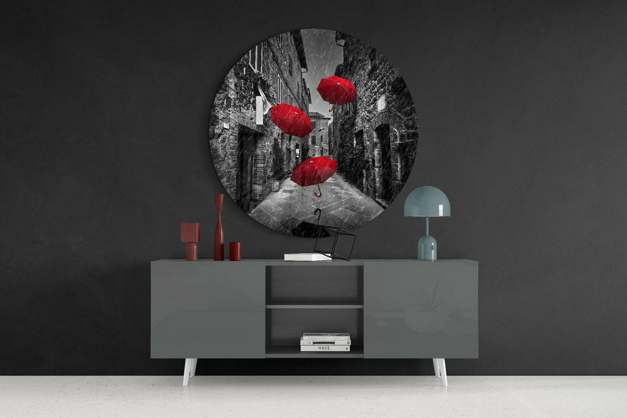 Red Umbrellas Glass Wall Art.