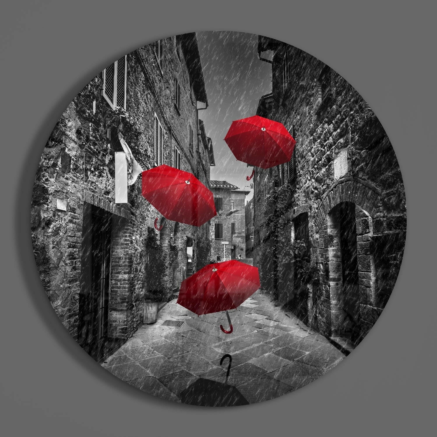 Red Umbrellas Glass Wall Art.
