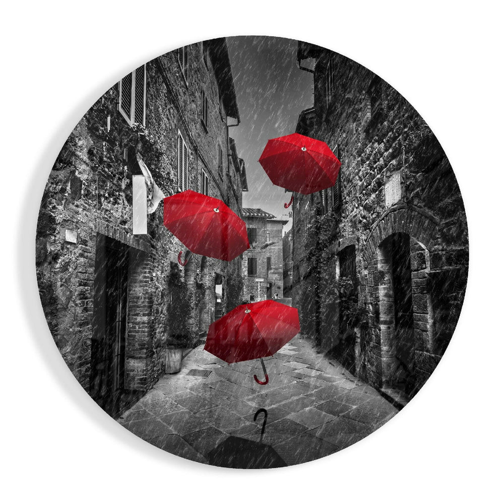 Red Umbrellas Glass Wall Art.