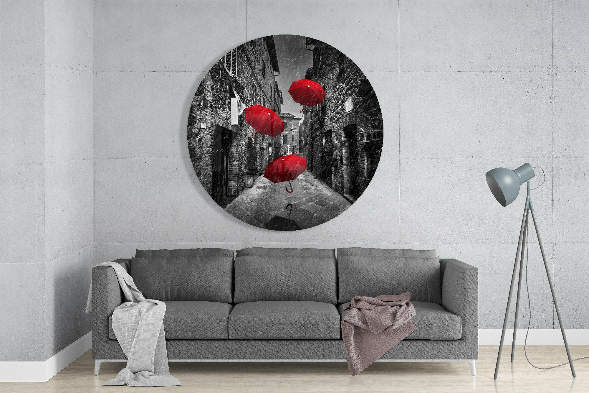 Red Umbrellas Glass Wall Art.