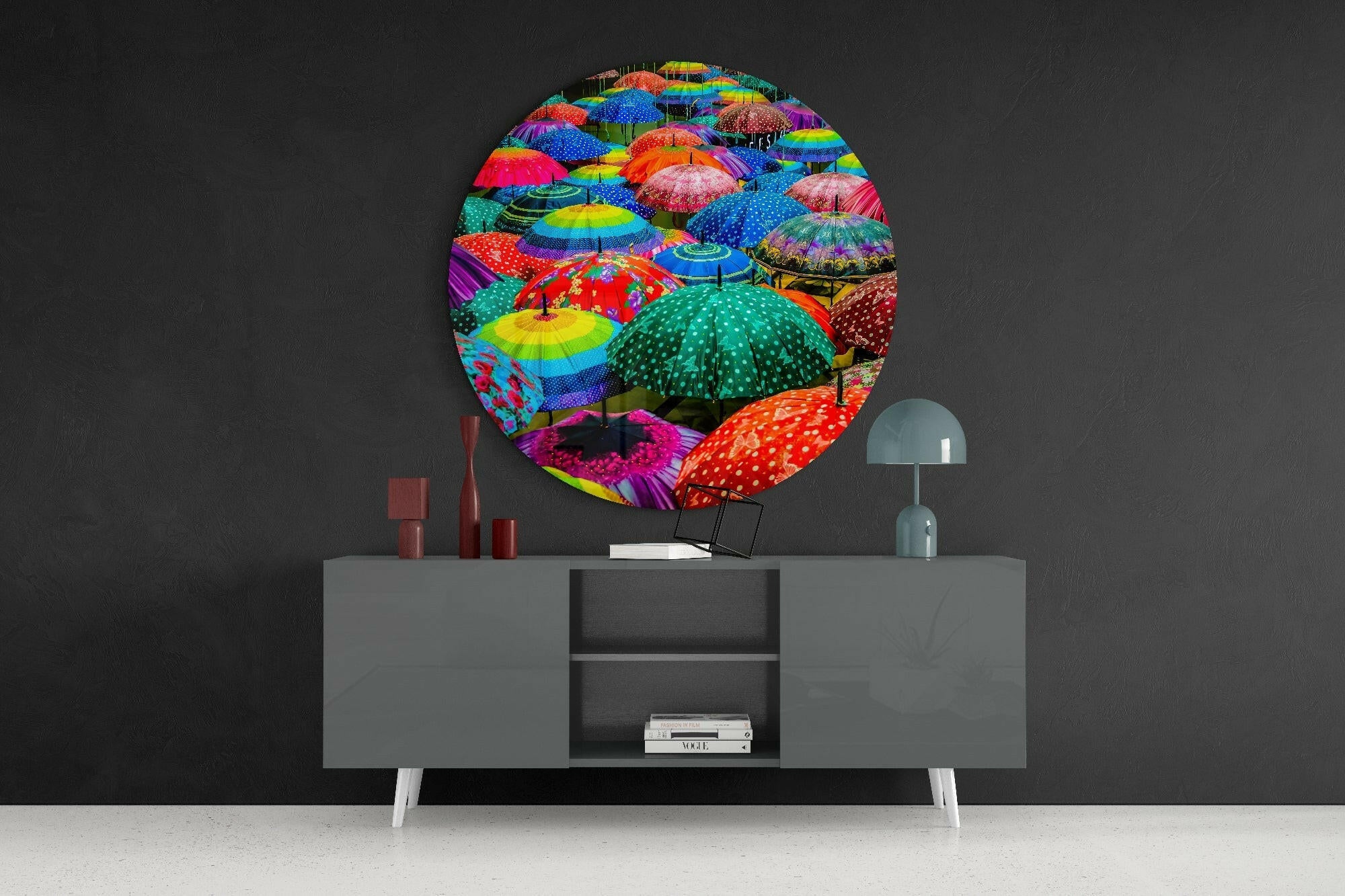 Colorful Umbrellas Glass Wall Art.