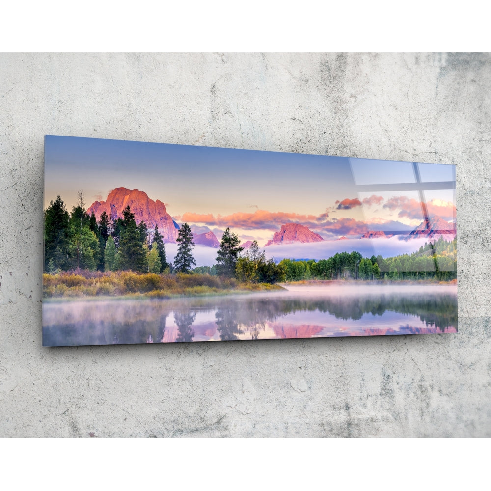 Foggy Mountain Glass Wall Art (36"x14").