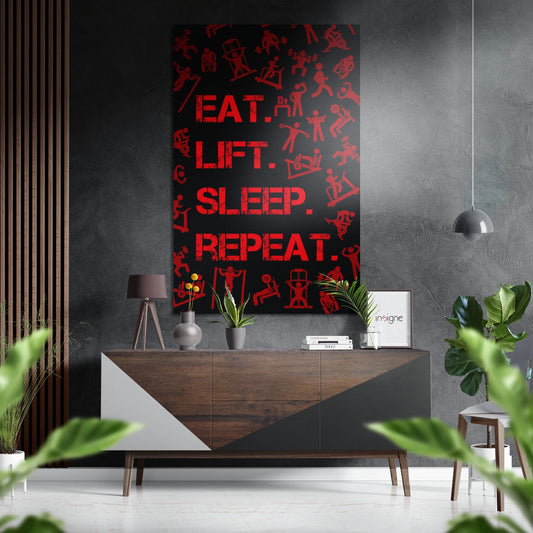 Eat, Lift, Sleep Brushed Aluminium Dibond Wall Art.