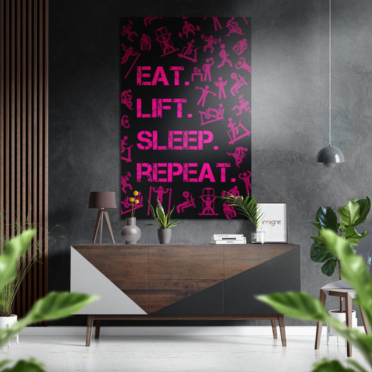 Eat, Lift, Sleep Brushed Aluminium Dibond Wall Art.