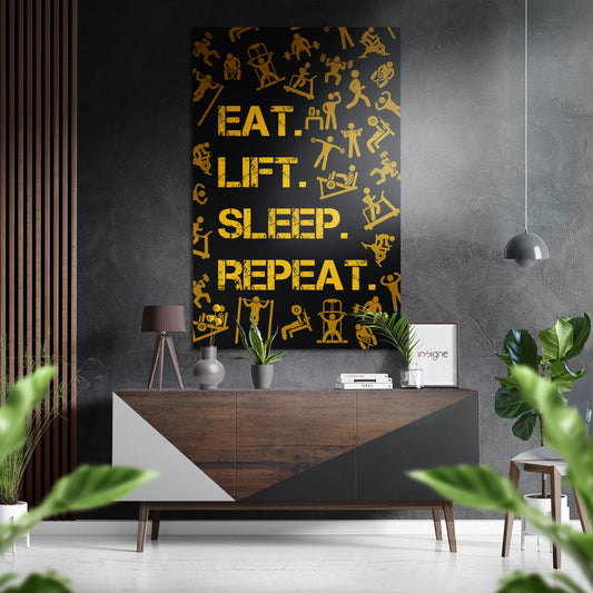 Eat, Lift, Sleep Brushed Aluminium Dibond Wall Art.