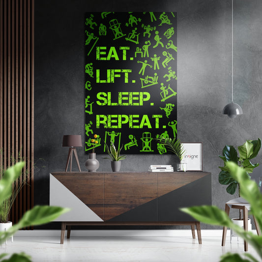 Eat, Lift, Sleep Brushed Aluminium Dibond Wall Art.