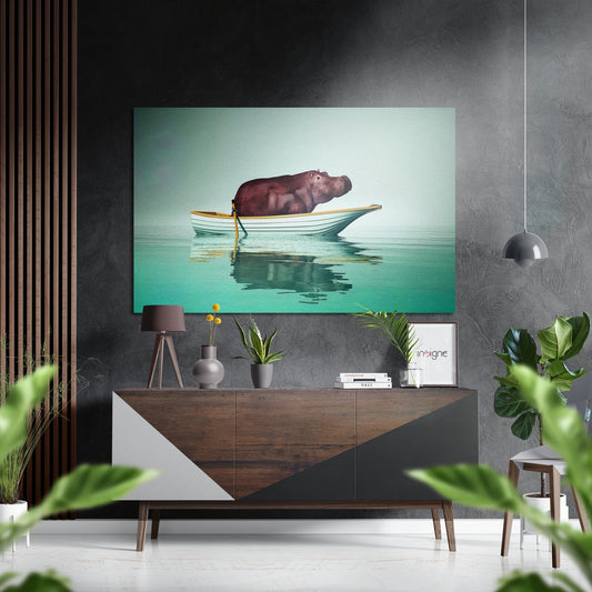 Hippo on a Run Brushed Aluminium Dibond Wall Art.