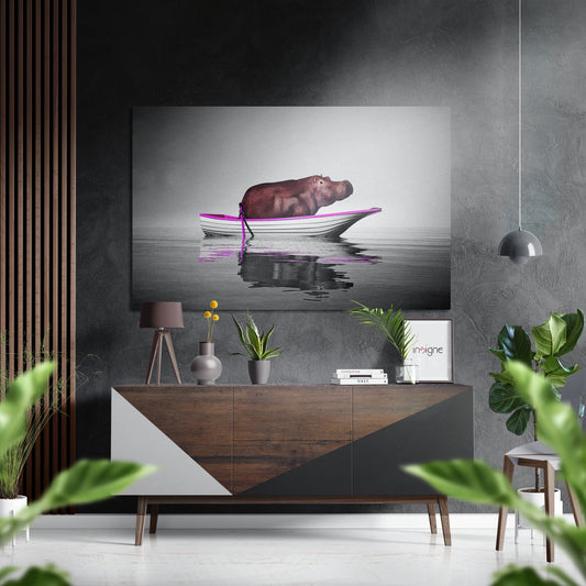 Hippo on a Run Brushed Aluminium Dibond Wall Art.