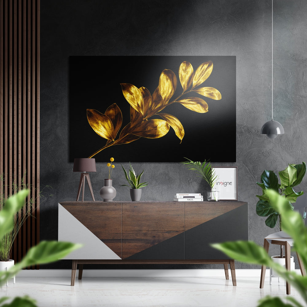 Golden Leaves Brushed Aluminium Dibond Wall Art.