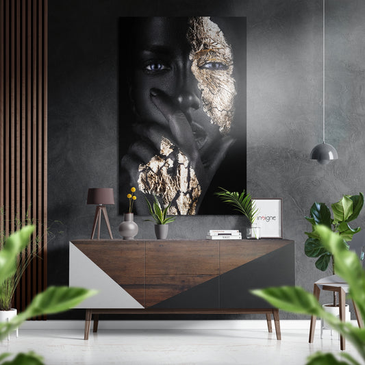 Golden Woman Brushed Aluminium Dibond Wall Art.