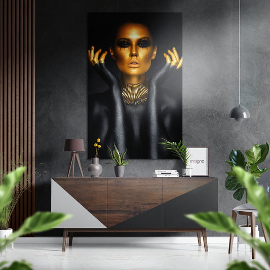 Golden Woman Brushed Aluminium Dibond Wall Art.