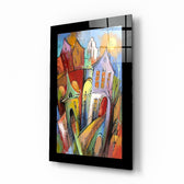 Houses glass wall art displayed above a console in a child's room