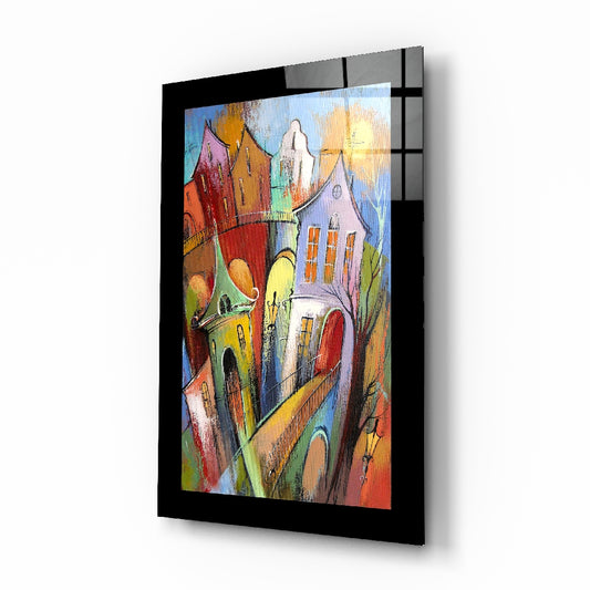 Houses glass wall art displayed above a console in a child's room