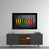 Peppers glass wall art styled above a console in a breakfast nook