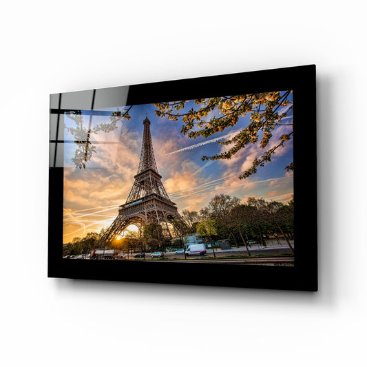 Eiffel Tower glass wall art displayed above a sideboard in a study