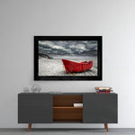 Red Boat glass wall art styled above a console in a man cave
