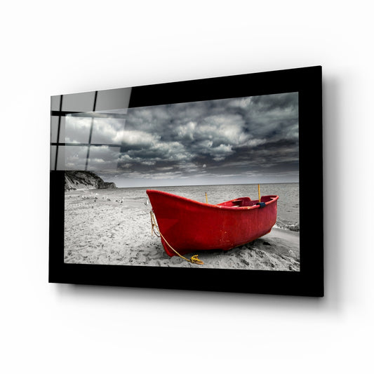 Red Boat glass wall art displayed above a sideboard in a study