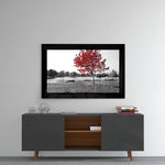 Red Tree glass wall art styled above a console in a meditation room