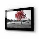 Red Tree glass wall art displayed above a sideboard in a study