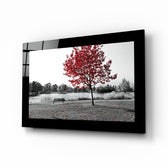 Red Tree glass wall art displayed above a sideboard in a study