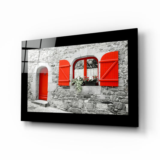 Red Entrance glass wall art displayed above a console in an entryway