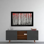 Red Forest glass wall art styled above a console in a meditation room