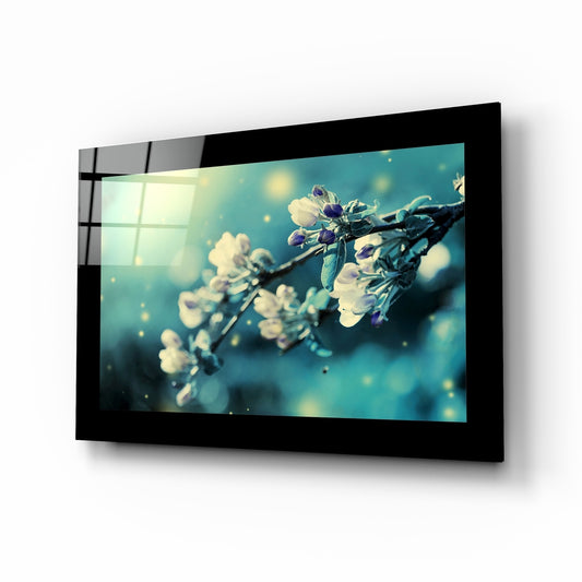 Blooming glass wall art displayed above a bed in a bedroom