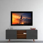 Galata Tower glass wall art styled above a console in a guest room