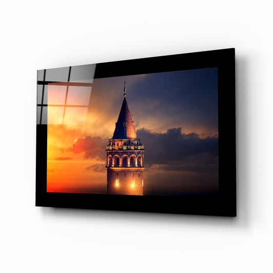Galata Tower glass wall art displayed above a sideboard in a study