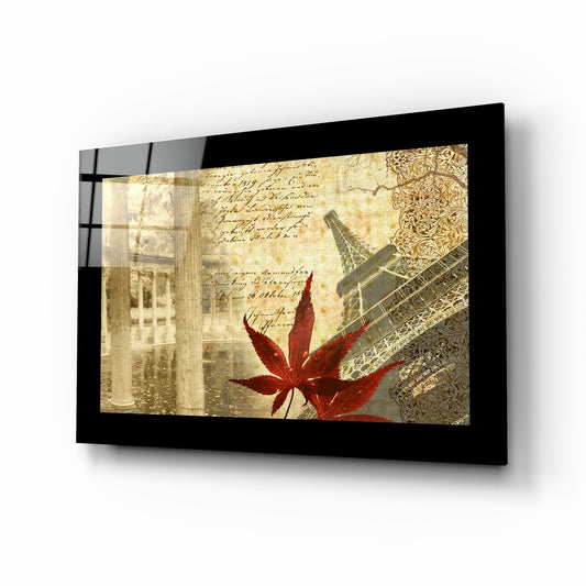 Autumn and Paris glass wall art displayed above a sideboard in a study