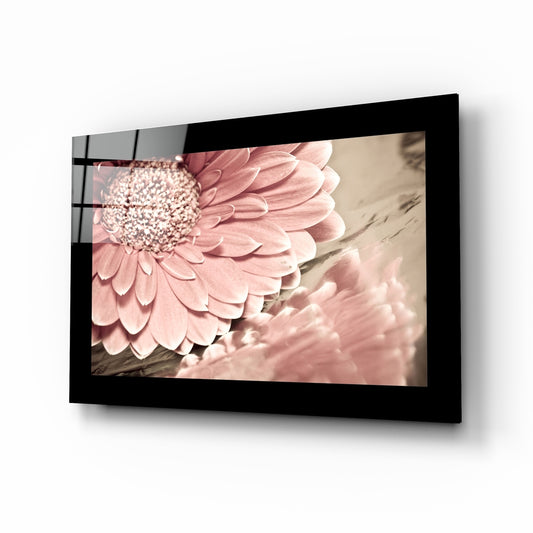 Pink Flower glass wall art displayed above a bed in a bedroom