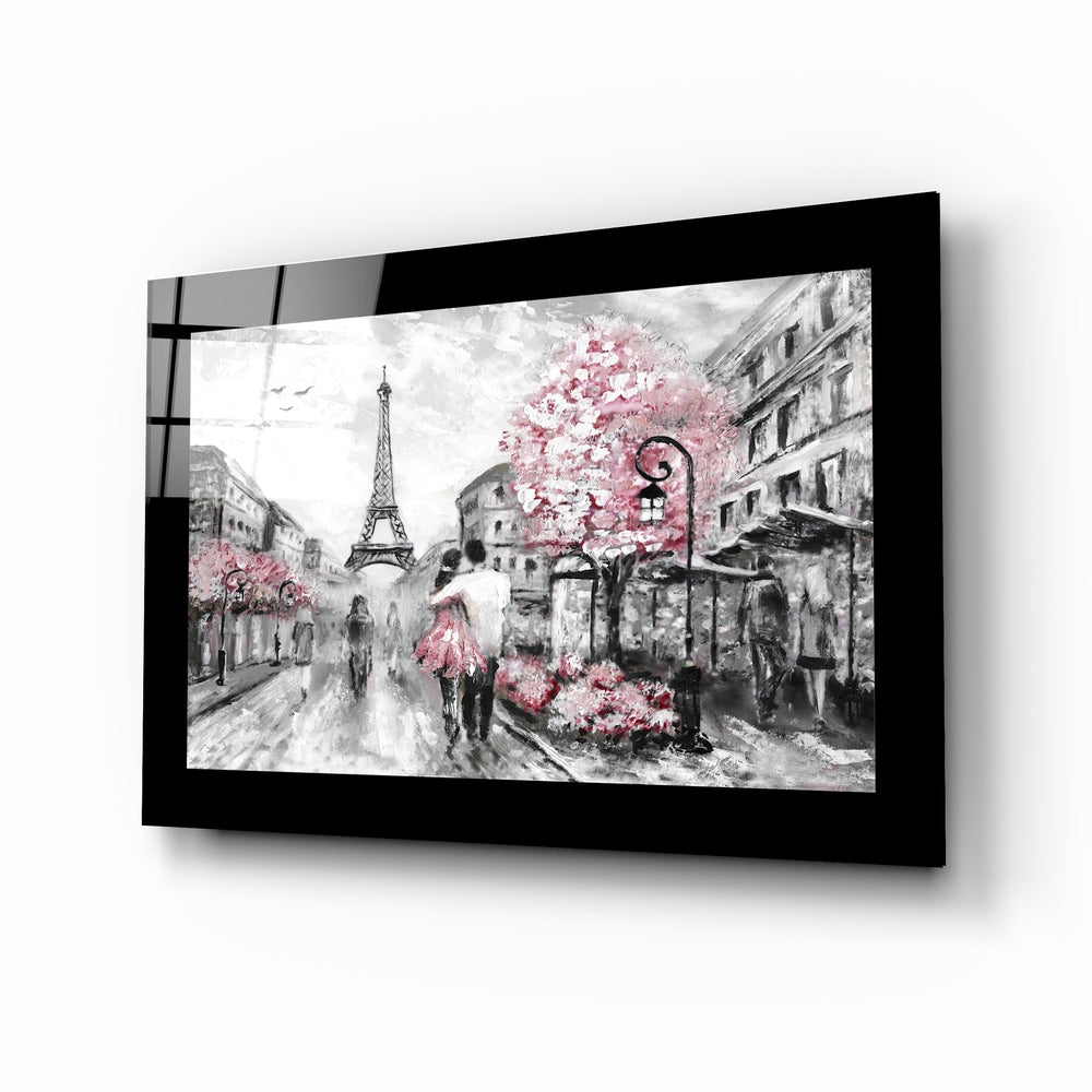 Pink and Paris glass wall art displayed above a bed in a bedroom