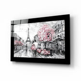 Pink and Paris glass wall art displayed above a bed in a bedroom