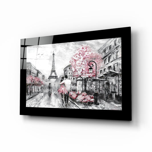 Pink and Paris glass wall art displayed above a bed in a bedroom