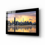 The City glass wall art displayed above a sideboard in a study