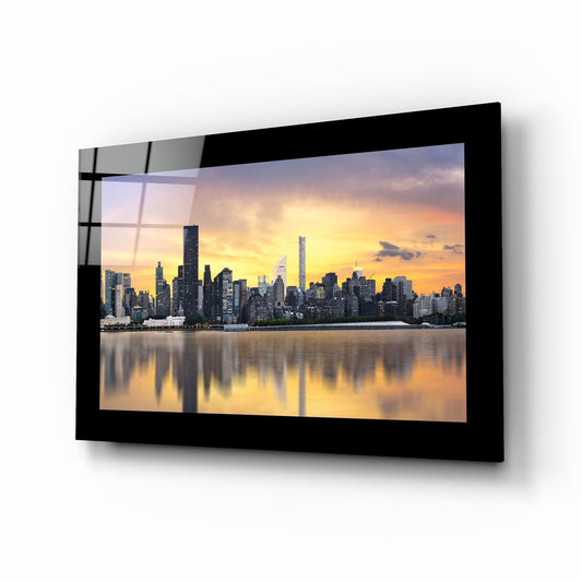 The City glass wall art displayed above a sideboard in a study