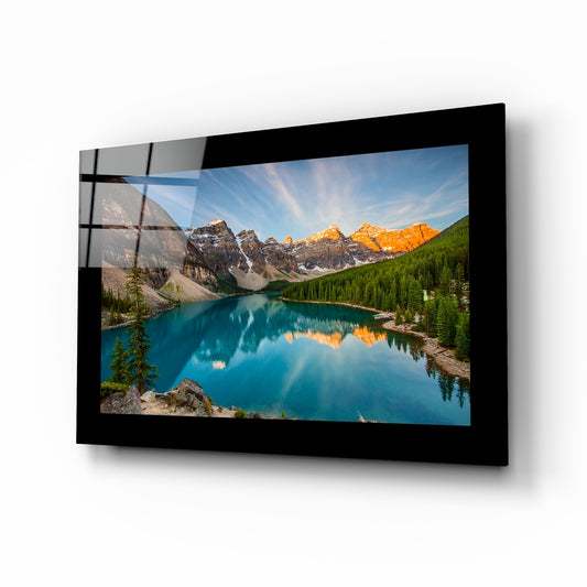 Lake View glass wall art displayed above a bed in a bedroom