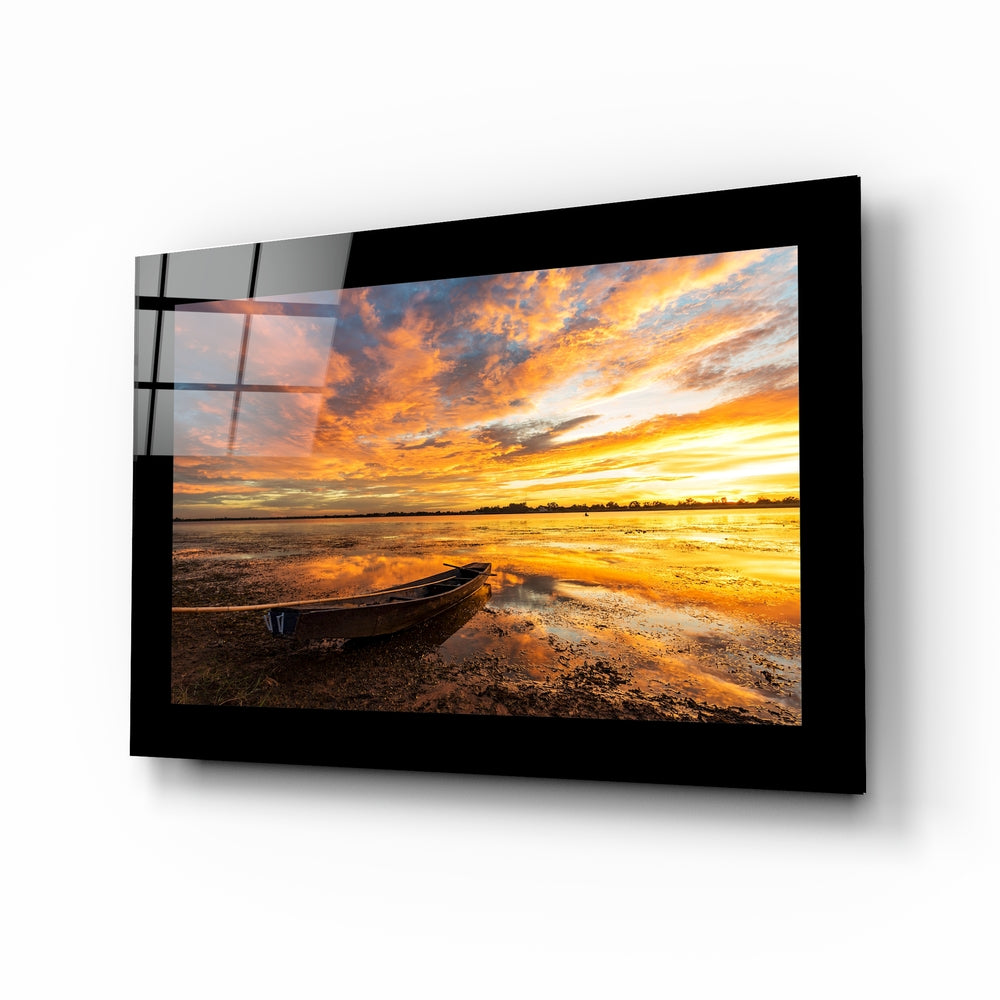 Clouds and Sunset glass wall art displayed above a sideboard in a coastal cottage