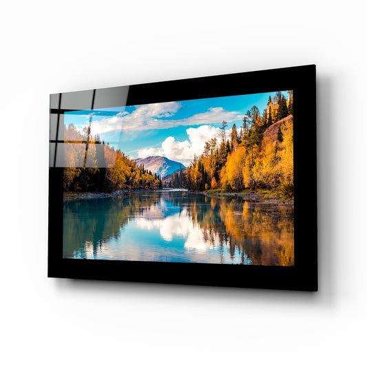 Lake View glass wall art displayed above a sideboard in a study