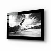 Boats glass wall art displayed above a sideboard in a study