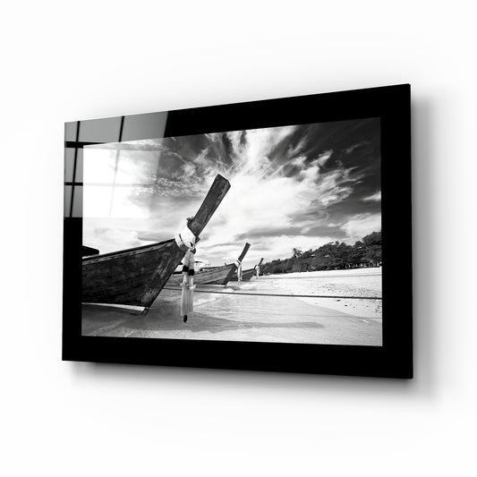 Boats glass wall art displayed above a sideboard in a study